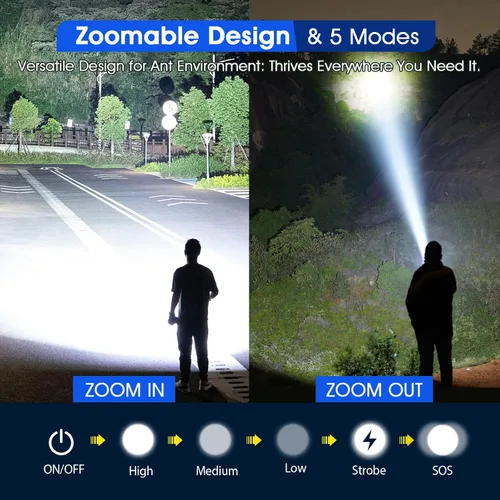 Vista 3 de RECHOO Linternas recargables de alto lúmenes, linternas tácticas de 1000 lúmenes, linterna LED súper brillante con 5 modos y zoom, luz de flash