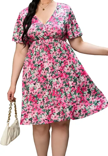 Vista 3 de ShopWonder Vestido de talla grande para mujer, con cuello en V, acampanado, largo hasta la rodilla, vestido de fiesta, minivestido de fiesta