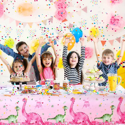 Vista 5 de Irenare 3 manteles de dinosaurio rosa para niñas, fundas de mesa rectangulares desechables de plástico con estampado de dinosaurios para niñas