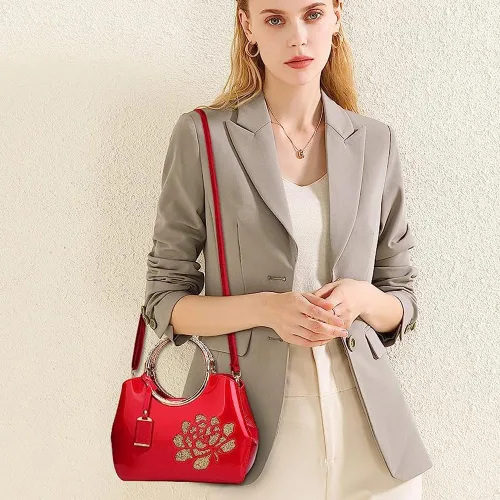 Vista 5 de ZiMing Bolso de mano de charol brillante para mujer, bolso de mano floral con asa superior, bolso de noche, bolso cruzado de hombro