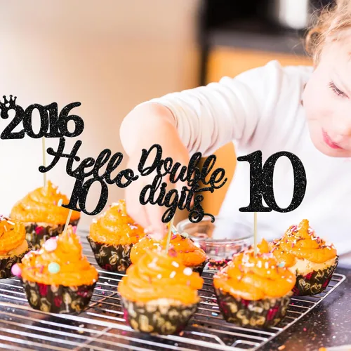 Vista 5 de Gyufise Paquete de 24 adornos negros para cupcakes de 10.º cumpleaños con purpurina negra 10 Ten Hello 10 Dights dobles desde 2015 para decoraciones