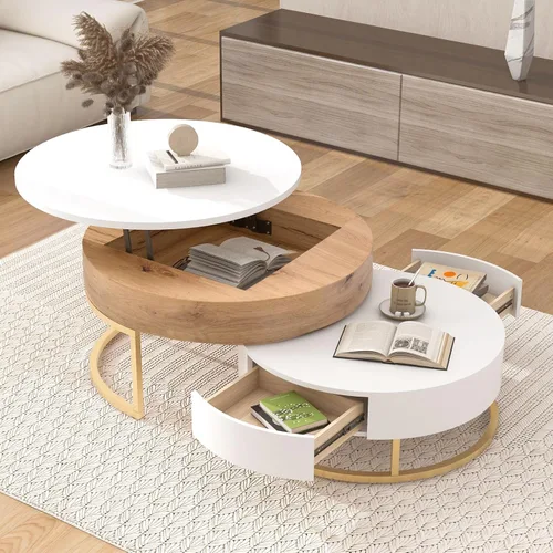 Vista 17 de KEVINSPACE Mesa de centro redonda de madera de 27.5 pulgadas para sala de estar, centro de granja circular de mediados de siglo, muebles