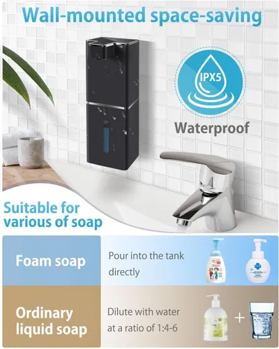 Vista 6 de Dispensador Automático de Jabón Espumoso Sin Contacto 380ml/12.8oz Dispensador de Jabón de Manos Recargable Montado en Pared Bomba de Jabón Espumoso