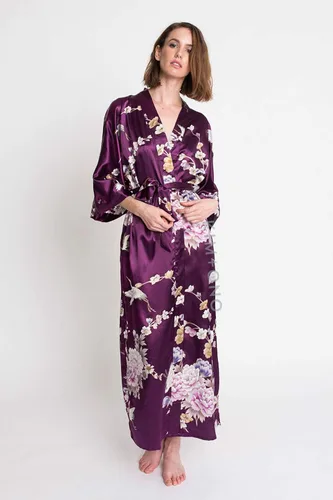 Vista 2 de Bata kimono larga de satén para mujer con diseño floral