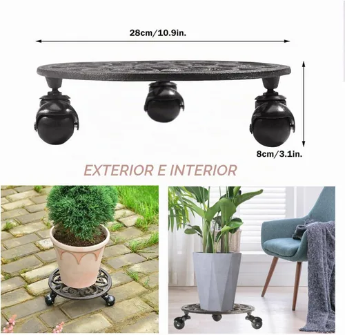 Vista 3 de Sungmor Carrito para Plantas de Hierro Fundido Resistente, Soporte Redondo para Macetas de 11 pulgadas sobre 3 Ruedas Sólidas, Soporte para Macetas