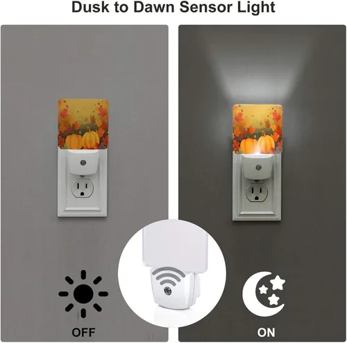 Vista 3 de Paquete de 2 luces LED de noche enchufables con diseño de calabazas de Acción de Gracias, sensor automático, hojas de otoño, juego de 2