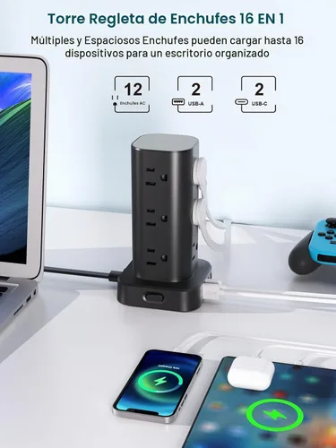 Vista 2 de Regleta de alimentación de torre con múltiples salidas, protector de sobretensiones de enchufe plano, cable de extensión de torre con 12 tomas