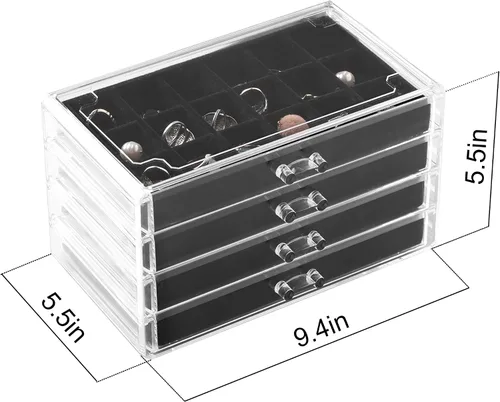 Vista 2 de Frebeauty Caja organizadora de aretes caja de joyería acrílica con 4 cajones organizador de joyas transparente con bandejas de terciopelo anillos