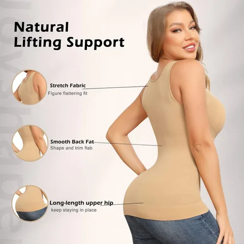 Vista 3 de Camisolas moldeadoras con brasier integrado, control de abdomen, camisetas sin mangas de compresión para mujer, moldeadoras de cuerpo