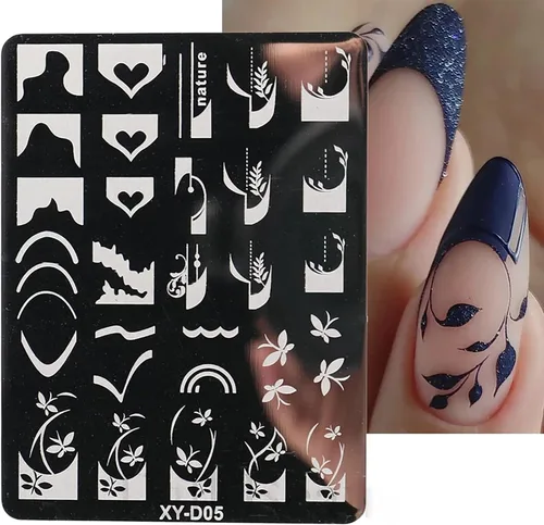 Vista 7 de Juego de 6 plantillas de estampado de uñas con líneas francesas, flores, hojas, diseño de corazón sonriente, kits de estampación, herramientas