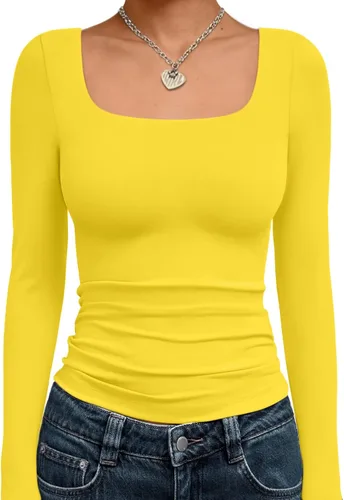 Vista 23 de Trendy Queen - Camisas ombligueras para mujer, manga larga, cuello cuadrado, básicas, para salir, de invierno, Y2K Albaricoque