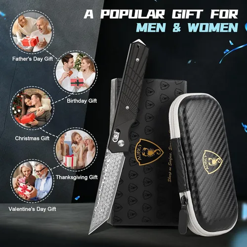 Vista 7 de AUBEY Damascus Axis Lock - Cuchillo de bolsillo con bloqueo de barra transversal de 3.46 pulgadas, cuchillos plegables con clip para hombres y Mango