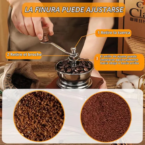 Vista 6 de Molinillo de café hecho a mano de madera de estilo retro, manivela de cerámica, cepillo de limpieza de molinillo de café hecho a mano, cuchara