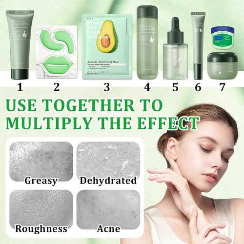 Vista 4 de Juego de 10 piezas de cuidado de la piel de aguacate con limpiador facial, tónico, suero facial, crema facial, crema para ojos, bálsamo labial