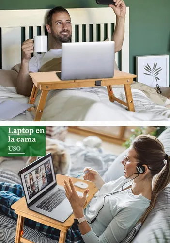 Vista 2 de Mesa para laptop Nnewvante ajustable de bambú, bandeja plegable para servir el desayuno en la cama con cajón superior inclinable