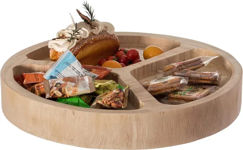 Vista 8 de Plato de madera con 3 seccionales, bandeja dividida para servir con acabado negro quemado, tabla de charcutería Lazy Susan para mesa de comedor