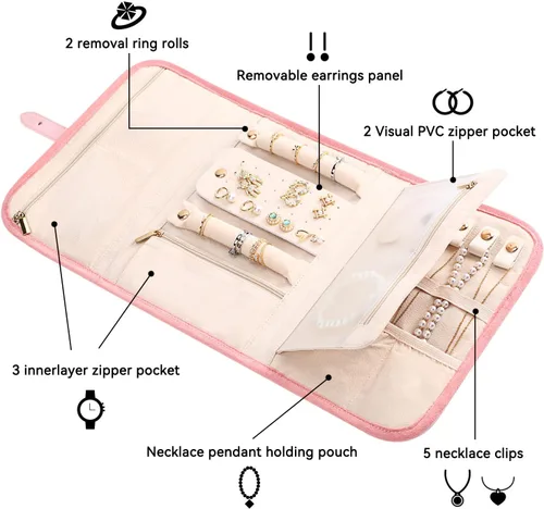 Vista 3 de Voova Estuche Organizador Portátil de Joyería para Viajes, Bolsa Grande de Almacenamiento de Joyas para Mujeres y Niñas, Bolsa Plegable de Joyería