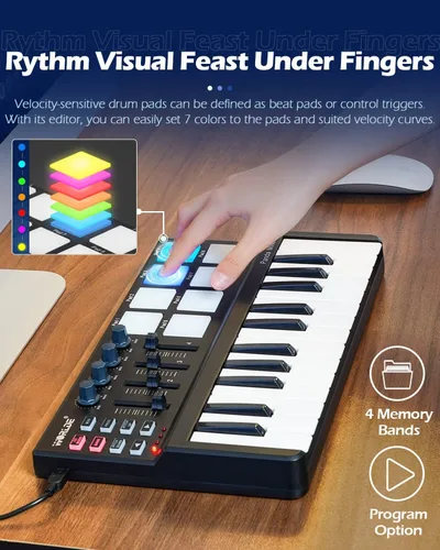 Vista 4 de Vangoa Controlador de Teclado MIDI 25 Teclas, Worlde Panda MINI Teclado USB Midi con Almohadillas de Percusión, Máquina Creadora de Ritmos, Negro