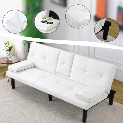 Vista 6 de Sofá cama futón moderno de 67 pulgadas, sofás cama convertibles 3 en 1 con respaldo ajustable, portavasos, cómodo sofá reclinable loveseat de cuero