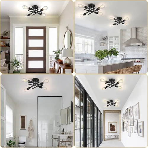 Vista 5 de SunRider Lámpara de Techo Industrial Semiempotrada de 4 Luces, Luces de Casa de Campo Moderna Negro Mate, Candelabro Rústico Sputnik para Dormitorio