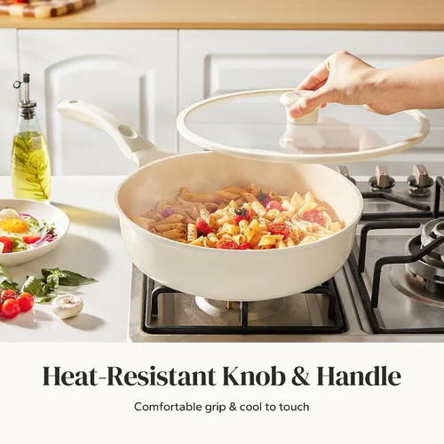 Vista 4 de Redchef Sartén antiadherente para freír con tapa, sartén para saltear de cerámica, libre de PFOA y PFOS, compatible con inducción, mango con ayuda