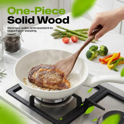 Vista 5 de AIUHI Juego de espátulas de madera de teca de 2 piezas, espátulas de cocina de madera para voltear, freír y servir, utensilios de cocina de madera