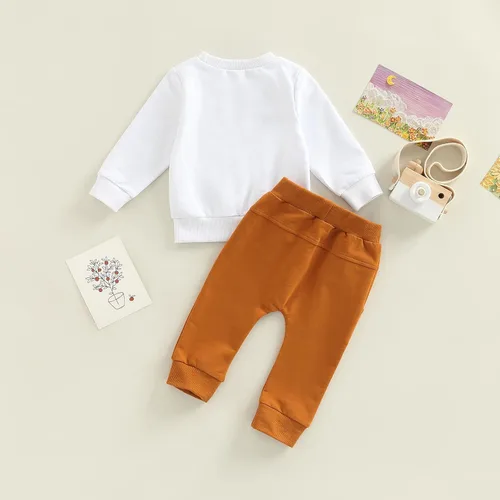 Vista 4 de Zempertoopa Conjunto de ropa para bebés y niñas con estampado de letras, sudadera con pantalones largos sólidos, 2 piezas, para otoño e invierno