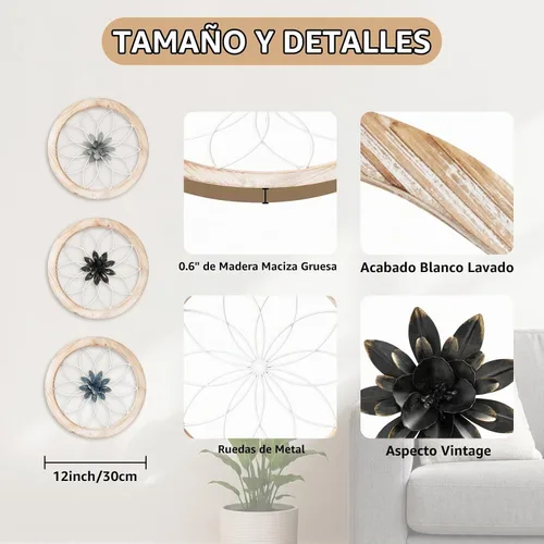 Vista 2 de Paquesta Decoración de Pared de Granja Redonda de 3 Piezas con 6 Flores Intercambiables de 12'' Medallón de Madera y Metal Arte de Pared Rústico
