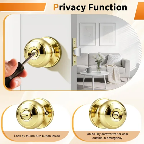 Vista 3 de Probrico Home Bed & Bath - Pomo de puerta de privacidad en latón pulido, accesorios interiores de bola plana, cerradura universal sin llave, 1