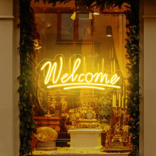 Vista 8 de Letreros de neón de bienvenida para negocios, luz eléctrica para interiores, luz de neón brillante para decoración de pared, luz LED creativa