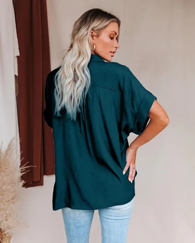 Vista 3 de Pausus Camisas de gasa con botones para mujer, con bolsillo, manga corta, blusas de oficina, cuello en V, casuales, para negocios, camisas ajustadas