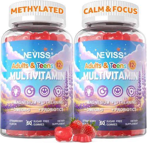 Vista 10 de NEVISS Gomitas multivitamínicas metiladas para adolescentes de 12 a 17 años con glicinato de magnesio, omega-3, L-teanina para adolescentes, niños