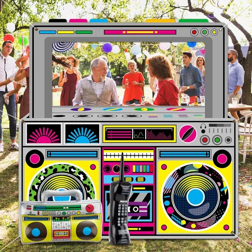Vista 7 de Decoraciones de fiesta de los años 90 y 80 para radio, Boombox, accesorios inflables para cabina de fotos, teléfono móvil inflable para hip hop