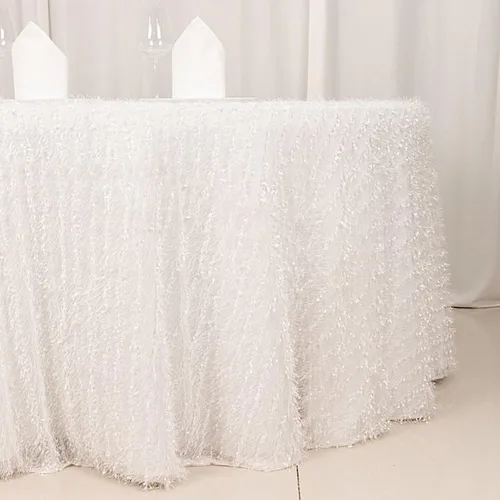 Vista 4 de Balsa Circle Mantel redondo de poliéster de 120 pulgadas, color blanco, con flecos, para bodas, fiestas, eventos, recepción, catering, suministros