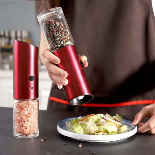 Vista 8 de Vzaahu Gravity - Molinillo eléctrico de pimienta y sal - Juego de 2 molinillo de sal y pimienta recargable de acero inoxidable con luz LED Rojo