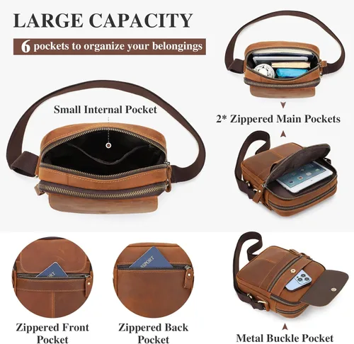 Vista 4 de BAIGIO Bolso cruzado de cuero genuino para hombre, bolso de hombro pequeño, maletín de mensajero de gran capacidad, bolsa de viaje