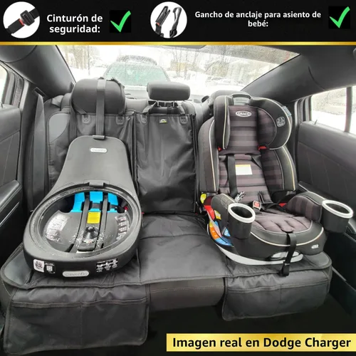 Vista 3 de Protector de Asiento para Auto, Funda para Asientos de Niños en Coches Impermeable, 3 Cinturones Traseros Funcionales, Cojín para Asiento de Bebé