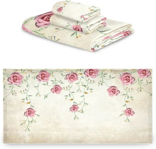 Vista 2 de Juego de toallas de baño para baño, diseño floral de primavera rosa rosa, juego de 3 toallas de lujo, 1 toalla de baño, 1 toalla de mano, 1 toalla