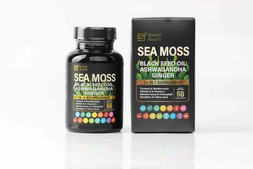 Vista 7 de Cápsulas de musgo marino con Ashwagandha, cúrcuma, vejiga, vitaminas C y D para energía natural, apoyo para el sueño y crecimiento del cabello