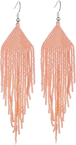 Vista 6 de Aretes de borla hechos a mano con cuentas, aretes bohemios con flecos para mujeres y niñas, aretes indios nativos americanos