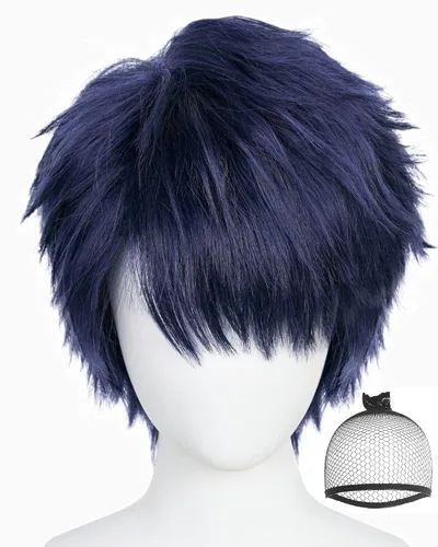 Vista 11 de Peluca corta marrón oscuro para hombre, peluca de anime marrón