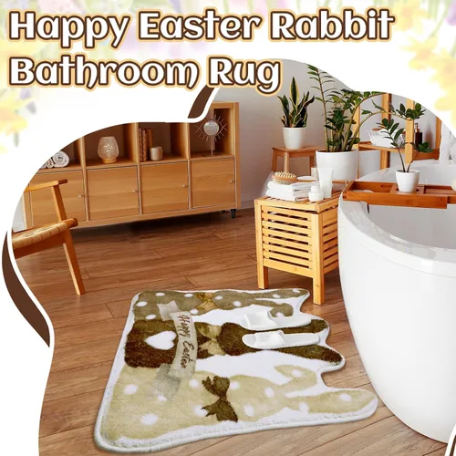 Vista 2 de Drydiet Alfombra de baño de conejo de Pascua, alfombra de baño retro de conejo, antideslizante, lavable, alfombra decorativa de bienvenida blanca