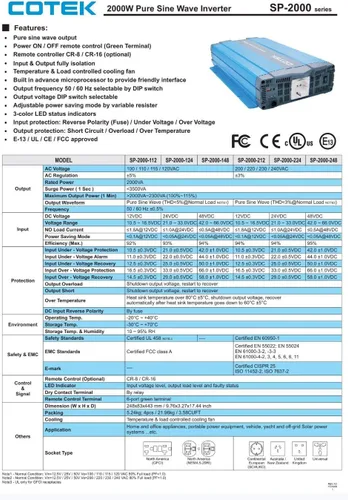 Vista 6 de Inversor de onda sinusoidal pura SP-2000 con GFCI dual 120VAC 12VDC 2000W (SP2000-112)