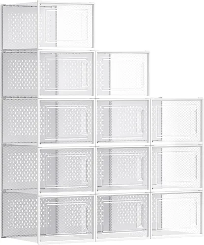 Vista 9 de SONGMICS Cajas de zapatos, paquete de 12 organizadores de almacenamiento de zapatos, cajas apilables de plástico transparente para armario, tenis