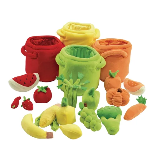 Vista 3 de Excellerations Juguete de peluche para clasificar y contar frutas y verduras para niños pequeños, 20 piezas de clasificación de felpa y contenedores