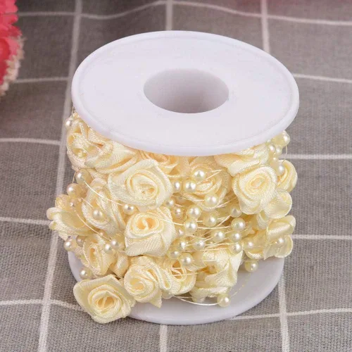 Vista 7 de 32.8 ft/roll Rose Artificial Pearl Wire Beads Garland String Wedding Pearl Bead Garland Cuerda Decoración (Beige)