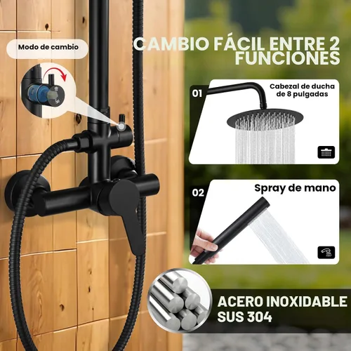 Vista 4 de gotonovo accesorios de ducha al aire libre SUS304 de acero inoxidable, kit de ducha de lluvia de alta presión, montaje en pared, 2 funciones Negro