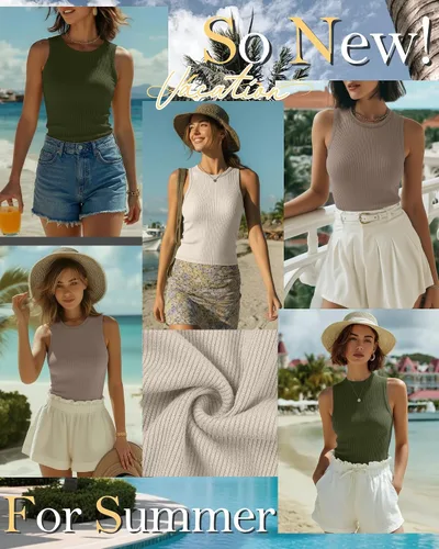 Vista 2 de Paquete de 3 camisetas sin mangas de algodón para mujer, de punto acanalado, casuales, básicas, de cuello redondo, ajustadas, de verano, con espalda