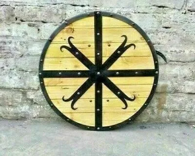 Vista 3 de Guerrero LARP medieval Escudo redondo vikingo de madera y acero Escudo templario de Armadura por Relic Handicrafts