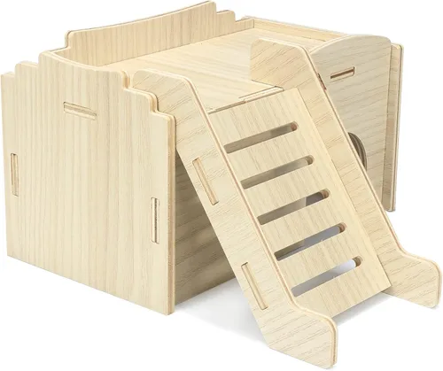 Vista 3 de Piel de hámster sirio con casa de madera, escalera de escalada y ventana, juego de cabaña desmontable/masticar/ocultar